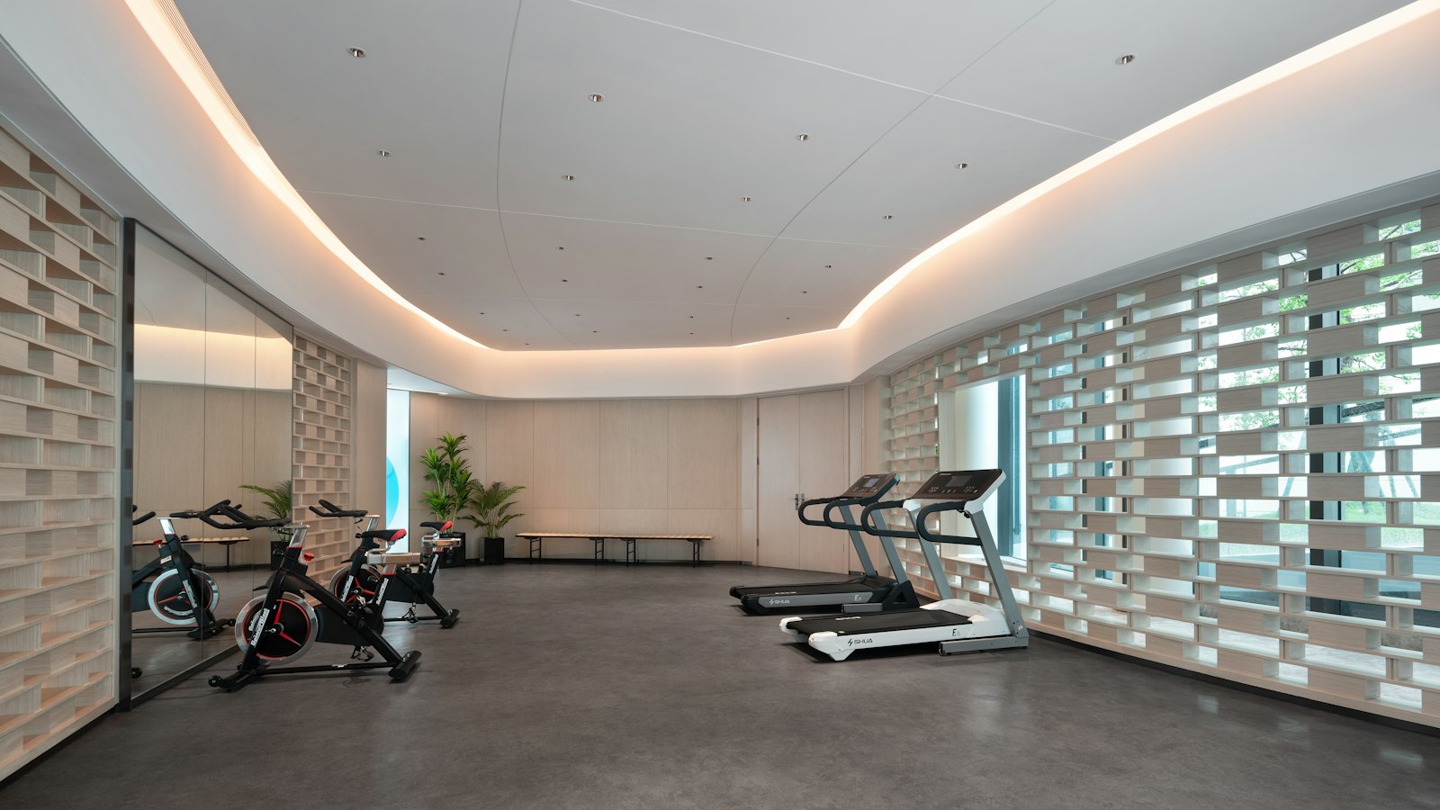 A gym with rows of treadmills and exercise bikes