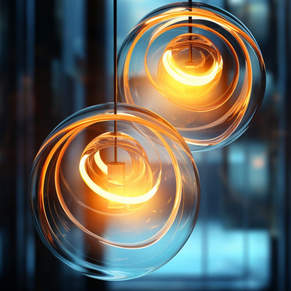 two bubbles circles coming out of a hanging light, in the style of daz3d, bold and dynamic lines, dark cyan and light amber, vray, blurry details, curvilinear, eco-friendly craftsmanship --ar 9:13 --v 5.2 Job ID: d0e7bde7-ef4a-472d-b6d0-8d031562db36