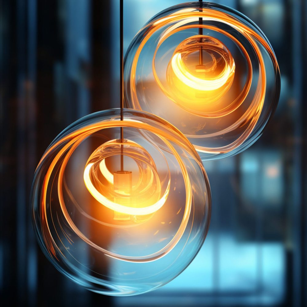 two bubbles circles coming out of a hanging light, in the style of daz3d, bold and dynamic lines, dark cyan and light amber, vray, blurry details, curvilinear, eco-friendly craftsmanship --ar 9:13 --v 5.2 Job ID: d0e7bde7-ef4a-472d-b6d0-8d031562db36